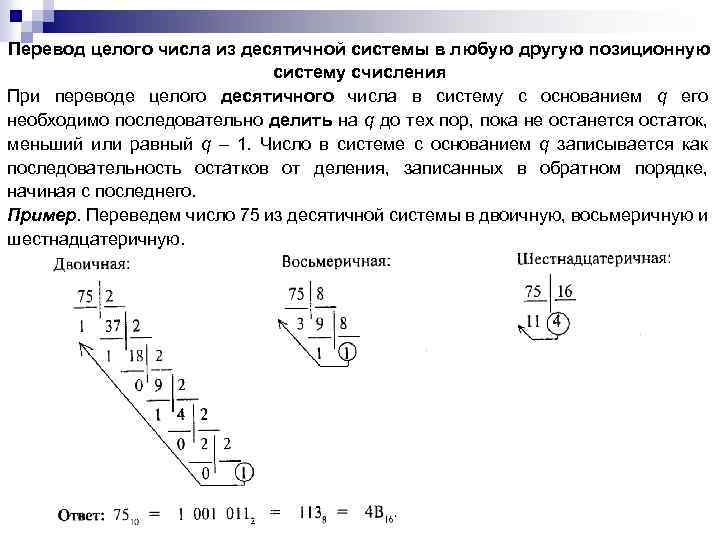 Правило перевода целых десятичных чисел в систему счисления с основанием q презентация