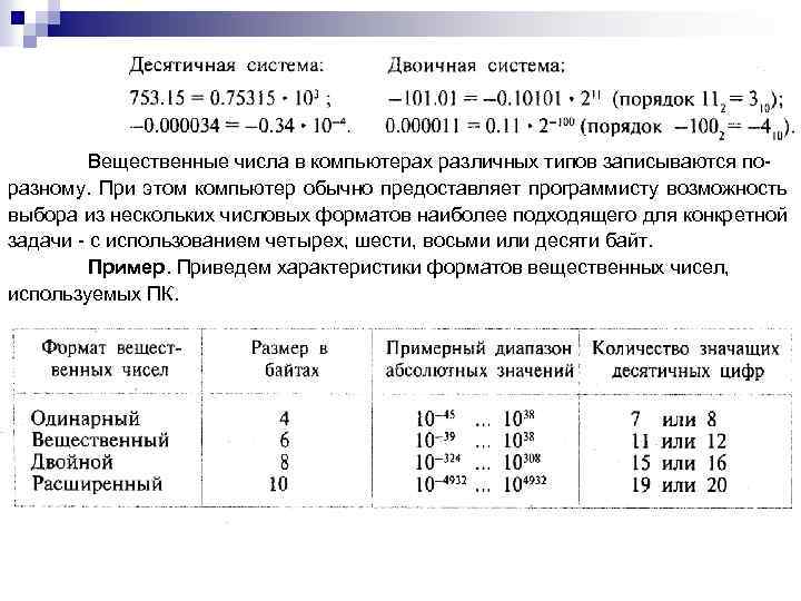 Вещественные числа в компьютерах различных типов записываются по разному. При этом компьютер обычно предоставляет