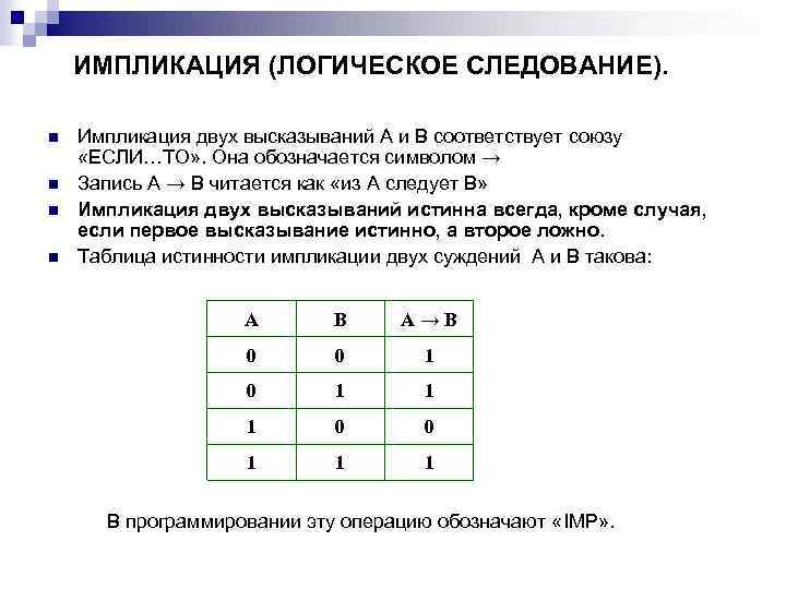 ИМПЛИКАЦИЯ (ЛОГИЧЕСКОЕ СЛЕДОВАНИЕ). n n Импликация двух высказываний А и В соответствует союзу «ЕСЛИ…ТО»