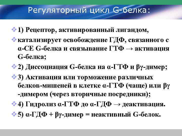 Регуляторный цикл G-белка: v 1) Рецептор, активированный лигандом, v катализирует освобождение ГДФ, связанного с