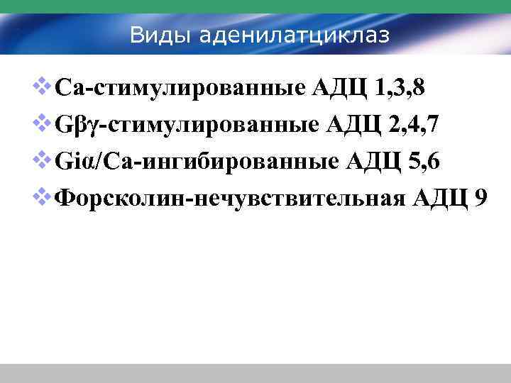 Виды аденилатциклаз v. Са-стимулированные АДЦ 1, 3, 8 v. Gβγ-стимулированные АДЦ 2, 4, 7