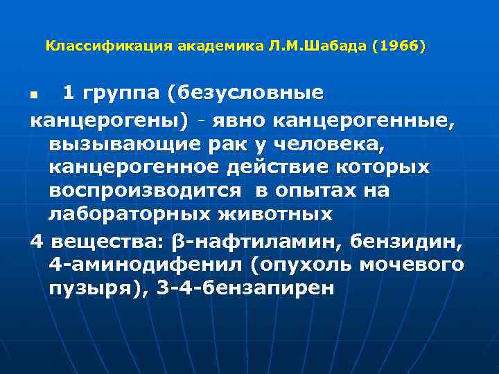 Классификация академика Л. М. Шабада (1966) 1 группа (безусловные канцерогены) - явно канцерогенные,