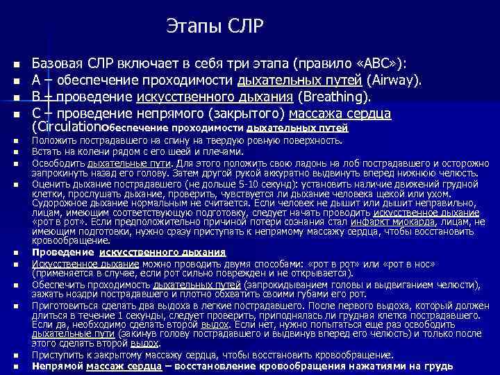  Этапы СЛР n n n n Базовая СЛР включает в себя три этапа