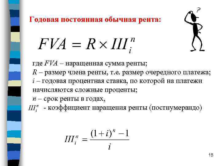 Годовая постоянная обычная рента: где FVA – наращенная сумма ренты; R – размер члена