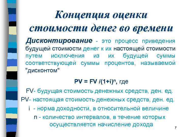 Концепция оценки стоимости денег во времени Дисконтирование - это процесс приведения будущей стоимости денег