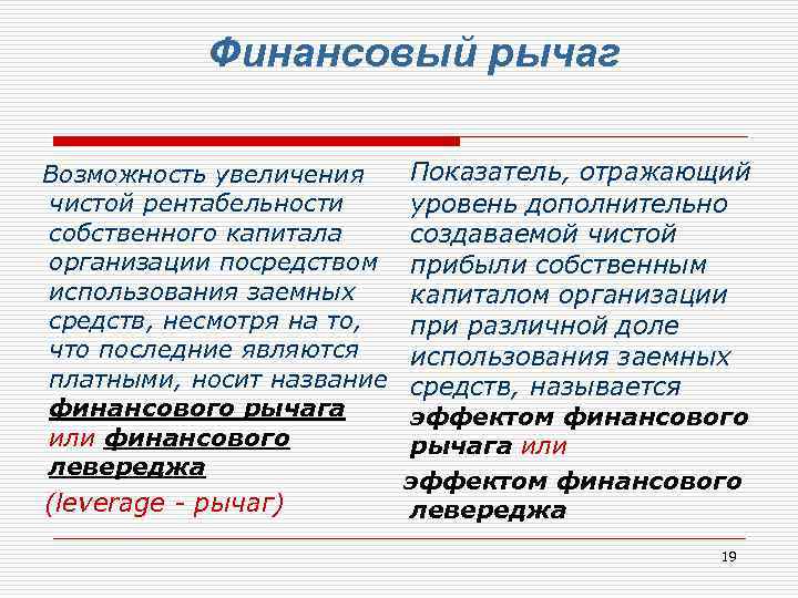 Финансовый рычаг Возможность увеличения чистой рентабельности собственного капитала организации посредством использования заемных средств, несмотря