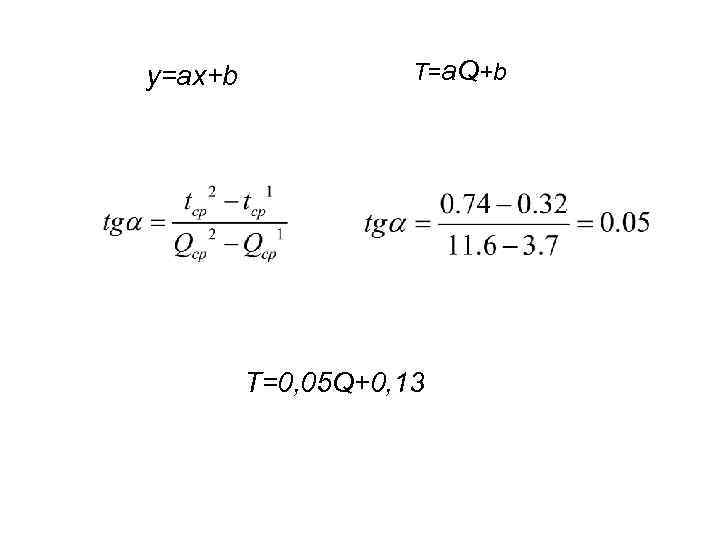 у=ах+b Т=a. Q+b T=0, 05 Q+0, 13 