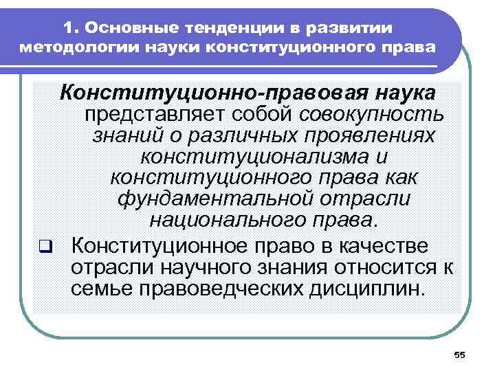 1. Основные тенденции в развитии методологии науки конституционного права Конституционно-правовая наука представляет собой совокупность