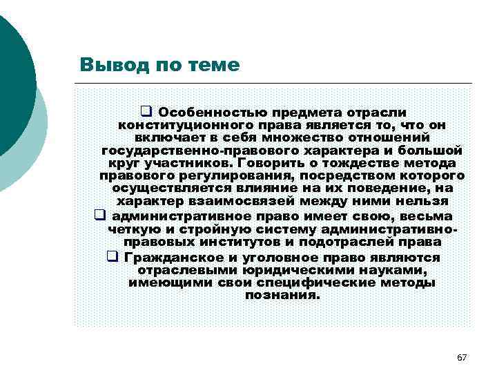 Вывод по теме q Особенностью предмета отрасли конституционного права является то, что он включает