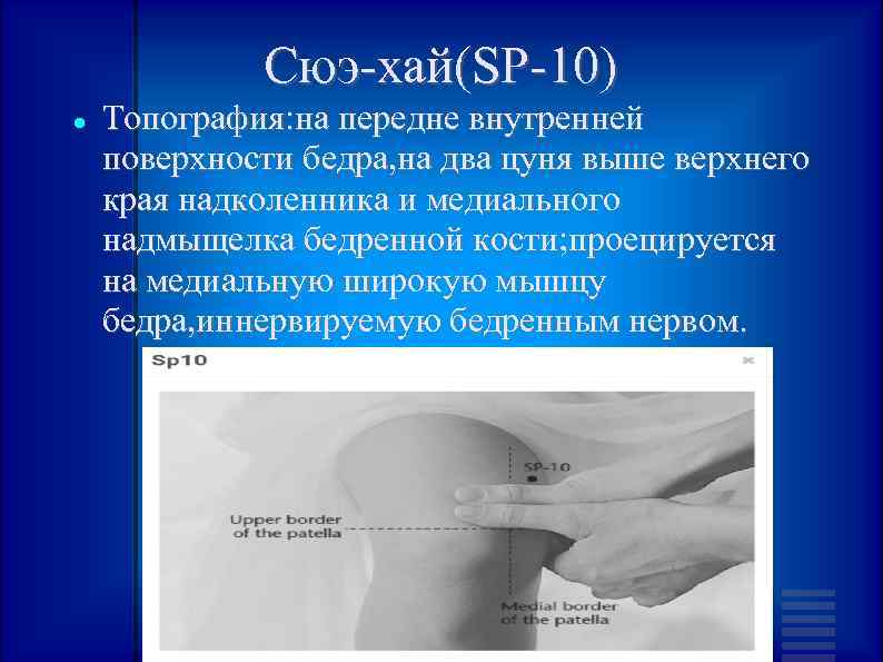 Сюэ-хай(SP-10) Топография: на передне внутренней поверхности бедра, на два цуня выше верхнего края надколенника