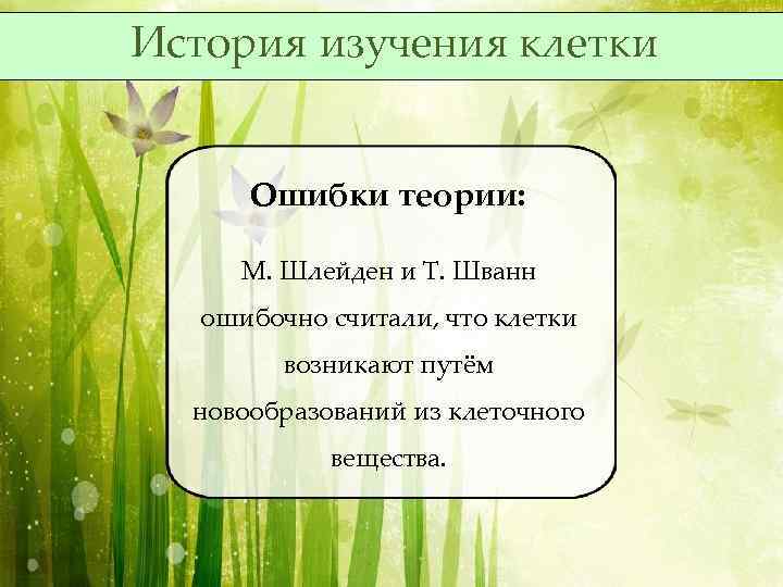 История изучения клетки Ошибки теории: М. Шлейден и Т. Шванн ошибочно считали, что клетки