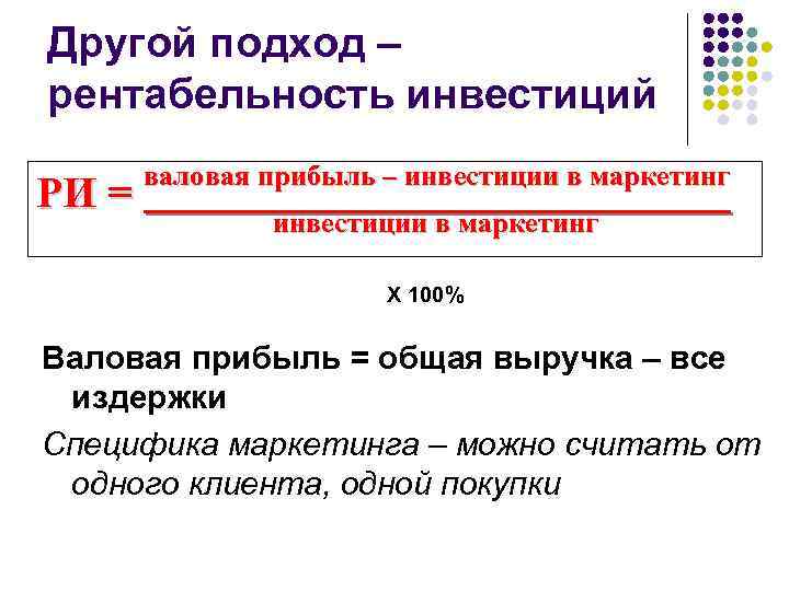 Другой подход – рентабельность инвестиций РИ = валовая прибыль – инвестиции в маркетинг Х