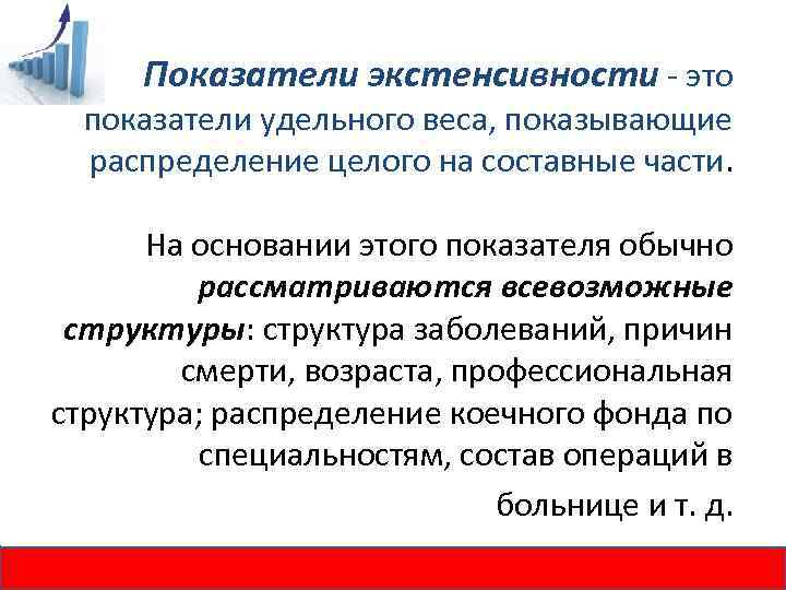 Показатели экстенсивности - это показатели удельного веса, показывающие распределение целого на составные части. На