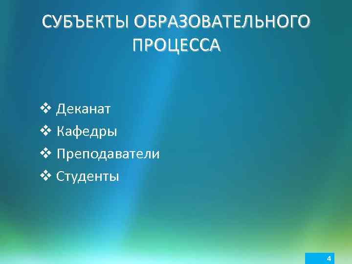 СУБЪЕКТЫ ОБРАЗОВАТЕЛЬНОГО ПРОЦЕССА v Деканат v Кафедры v Преподаватели v Студенты 4 