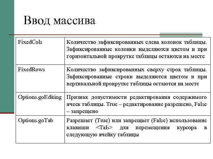 Ввод массива Fixed. Cols Количество зафиксированных слева колонок таблицы. Зафиксированные колонки выделяются цветом и