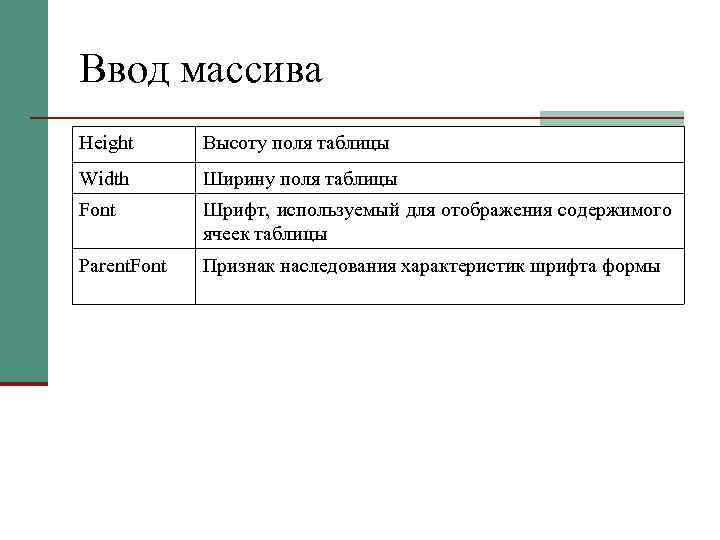 Ввод массива Height Высоту поля таблицы Width Ширину поля таблицы Font Шрифт, используемый для