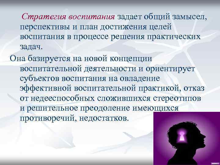 Стратегия воспитания задает общий замысел, перспективы и план достижения целей воспитания в процессе решения