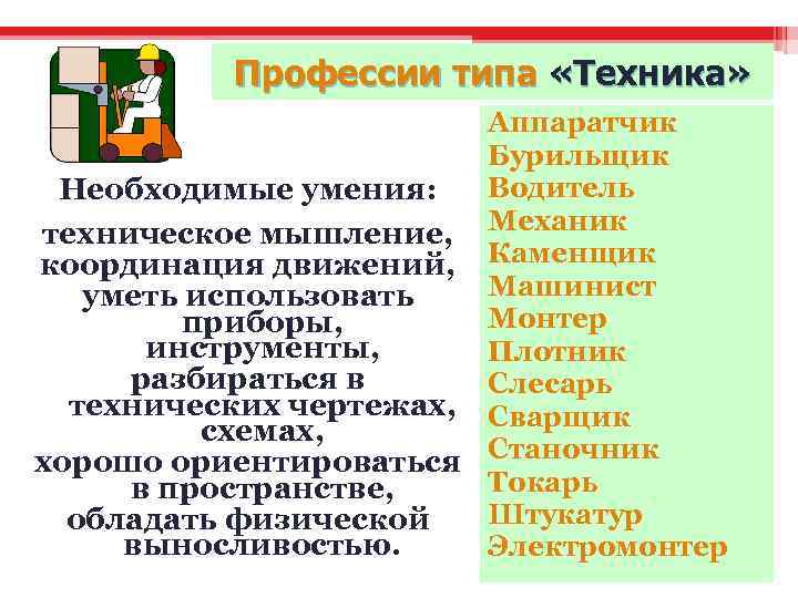 Профессии типа «Техника» Аппаратчик Бурильщик Водитель Необходимые умения: Механик техническое мышление, координация движений, Каменщик