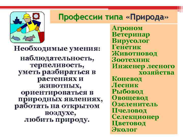 Профессии типа «Природа» Необходимые умения: наблюдательность, терпеливость, уметь разбираться в растениях и животных, ориентироваться