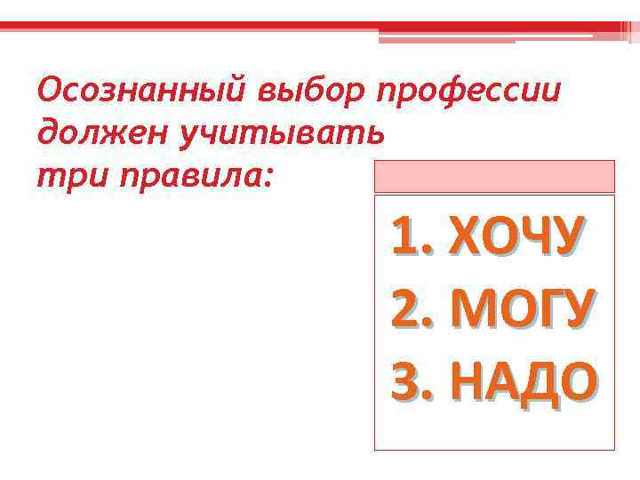 Осознанный выбор профессии должен учитывать три правила: 1. ХОЧУ 2. МОГУ 3. НАДО 