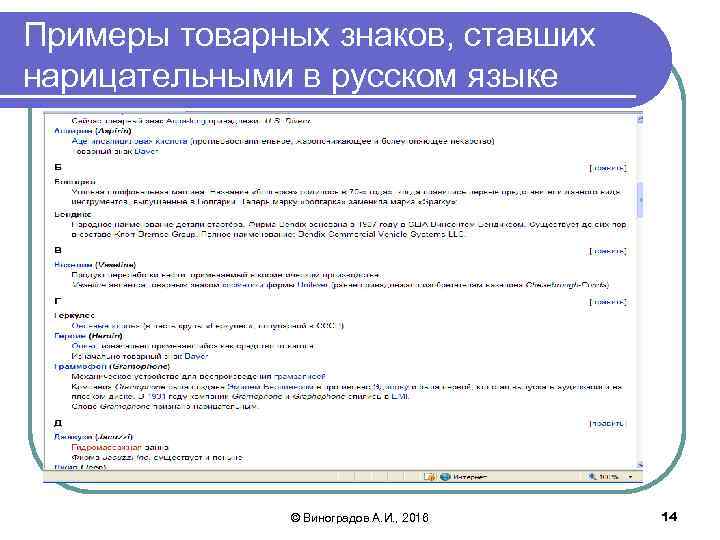 Примеры товарных знаков, ставших нарицательными в русском языке © Виноградов А. И. , 2016