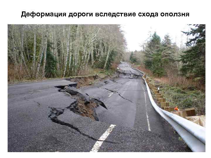 Деформация дороги вследствие схода оползня 
