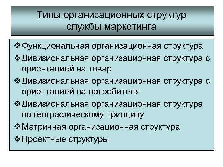 Типы организационных структур службы маркетинга v Функциональная организационная структура v Дивизиональная организационная структура с