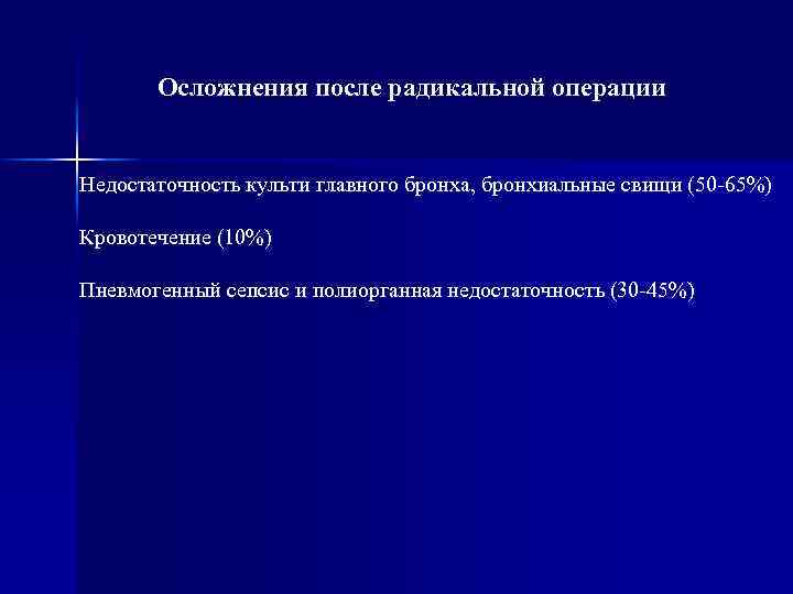 Осложнения после радикальной операции Недостаточность культи главного бронха, бронхиальные свищи (50 -65%) Кровотечение (10%)