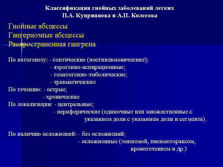 Классификация гнойных заболеваний легких П. А. Куприянова и А. П. Колесова Гнойные абсцессы Гангернозные