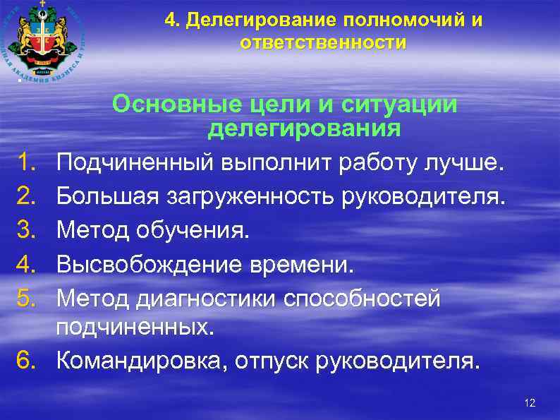 4. Делегирование полномочий и ответственности . 1. 2. 3. 4. 5. 6. Основные цели