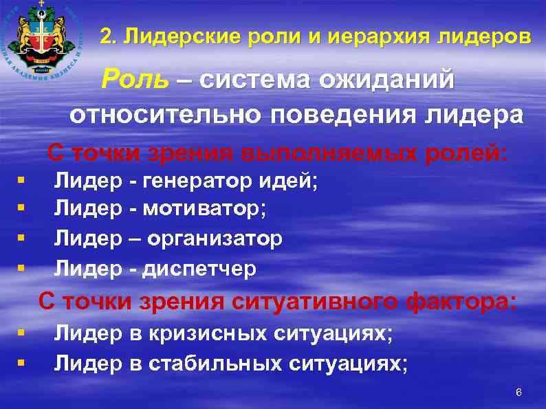 2. Лидерские роли и иерархия лидеров Роль – система ожиданий относительно поведения лидера С