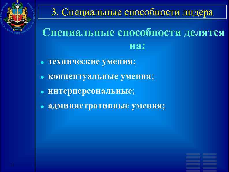 3. Специальные способности лидера Специальные способности делятся на: концептуальные умения; интерперсональные; 11 технические умения;