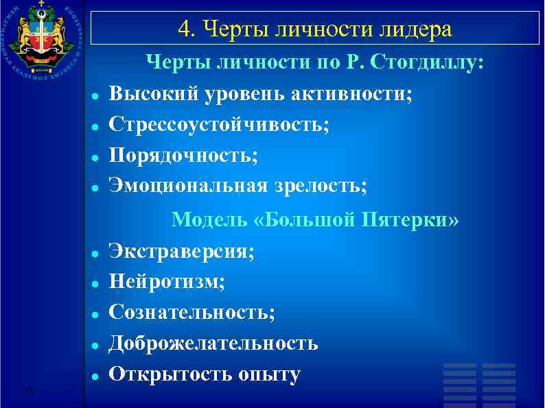 4. Черты личности лидера 13 Черты личности по Р. Стогдиллу: Высокий уровень активности; Стрессоустойчивость;