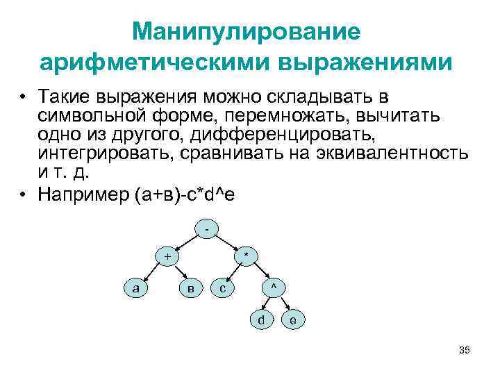 Манипулирование арифметическими выражениями • Такие выражения можно складывать в символьной форме, перемножать, вычитать одно