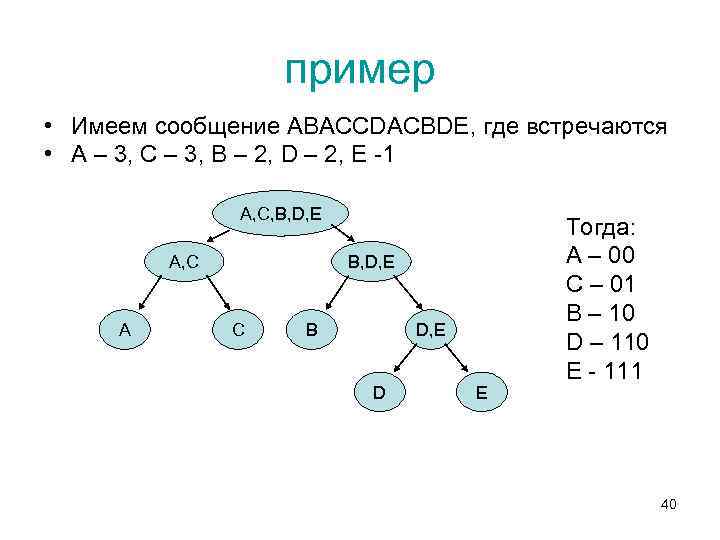 пример • Имеем сообщение ABACCDACBDE, где встречаются • А – 3, С – 3,
