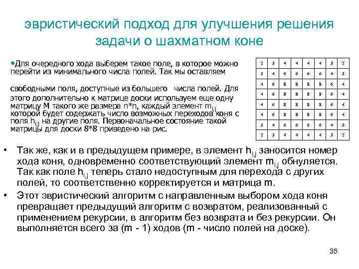 эвристический подход для улучшения решения задачи о шахматном коне • Для очередного хода выберем