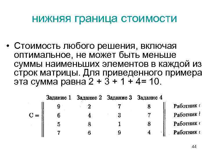 нижняя граница стоимости • Стоимость любого решения, включая оптимальное, не может быть меньше суммы
