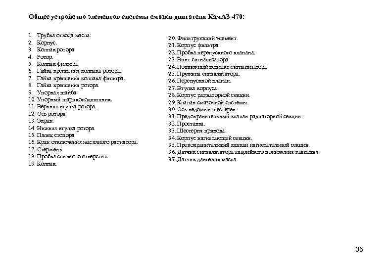Общее устройство элементов системы смазки двигателя Кам. АЗ-470: 1. Трубка отвода масла. 2. Корпус.