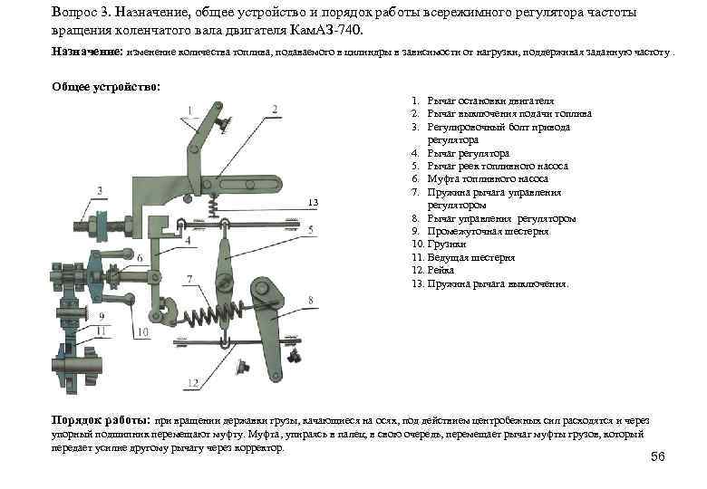 Вопрос 3. Назначение, общее устройство и порядок работы всережимного регулятора частоты вращения коленчатого вала
