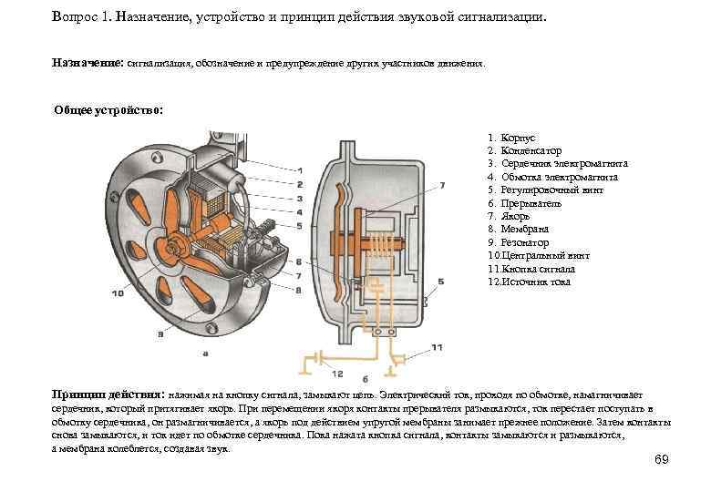 Вопрос 1. Назначение, устройство и принцип действия звуковой сигнализации. Назначение: сигнализация, обозначение и предупреждение