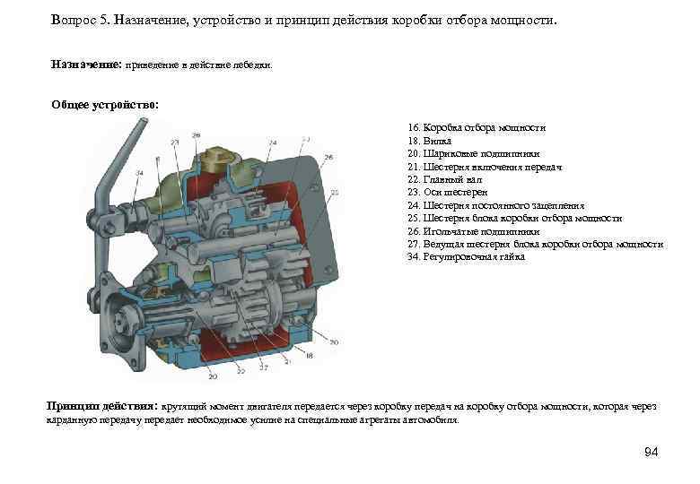 Вопрос 5. Назначение, устройство и принцип действия коробки отбора мощности. Назначение: приведение в действие