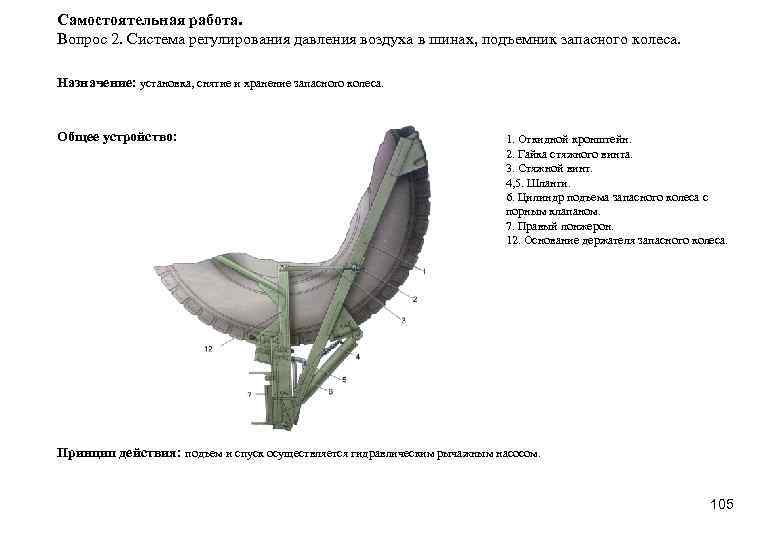 Самостоятельная работа. Вопрос 2. Система регулирования давления воздуха в шинах, подъемник запасного колеса. Назначение: