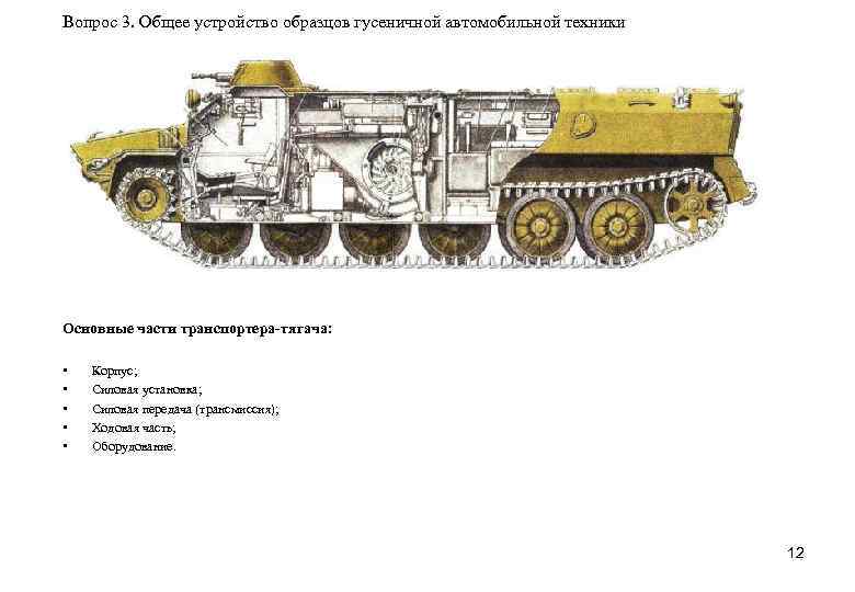 Вопрос 3. Общее устройство образцов гусеничной автомобильной техники Основные части транспортера-тягача: • • •