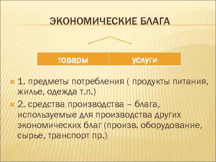 ЭКОНОМИЧЕСКИЕ БЛАГА товары 1. услуги предметы потребления ( продукты питания, жилье, одежда т. п.
