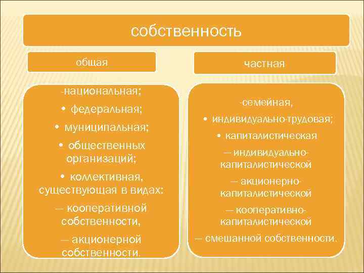 собственность общая -национальная; • федеральная; • муниципальная; • общественных организаций; • коллективная, существующая в