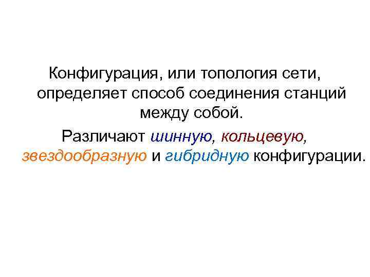 Конфигурация, или топология сети, определяет способ соединения станций между собой. Различают шинную, кольцевую, звездообразную