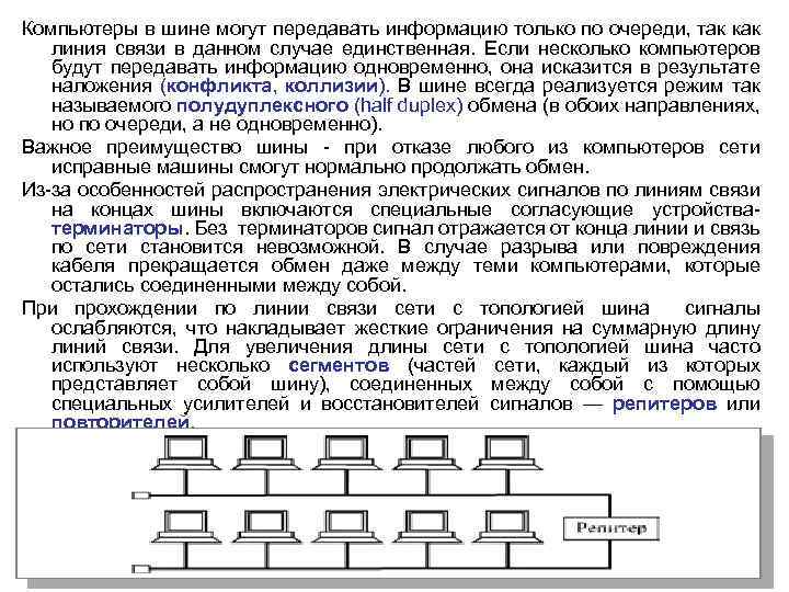 Компьютеры в шине могут передавать информацию только по очереди, так как линия связи в
