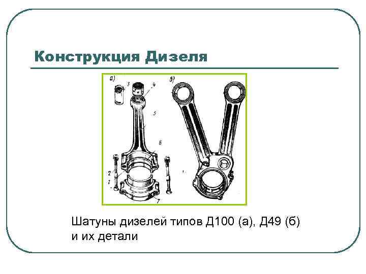 Конструкция Дизеля Шатуны дизелей типов Д 100 (а), Д 49 (б) и их детали