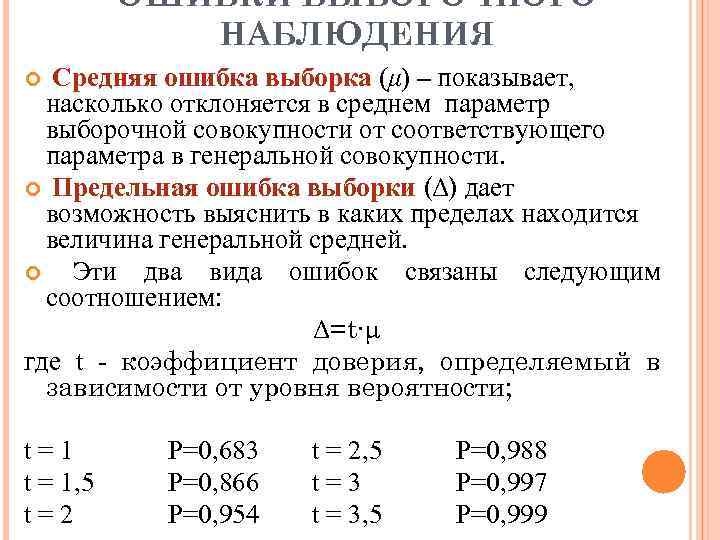 ОШИБКИ ВЫБОРОЧНОГО НАБЛЮДЕНИЯ Средняя ошибка выборка (μ) – показывает, насколько отклоняется в среднем параметр