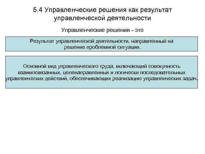 5. 4 Управленческие решения как результат управленческой деятельности Управленческие решения - это Результат управленческой